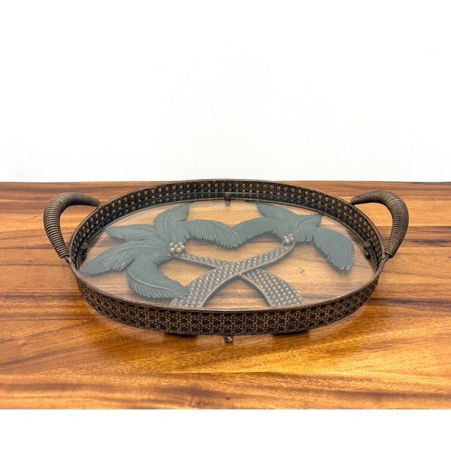 Coffee Vintage Coastal Palm Tree Glass Serving Tray With Metal Frame For Sale - Image 8 of 8