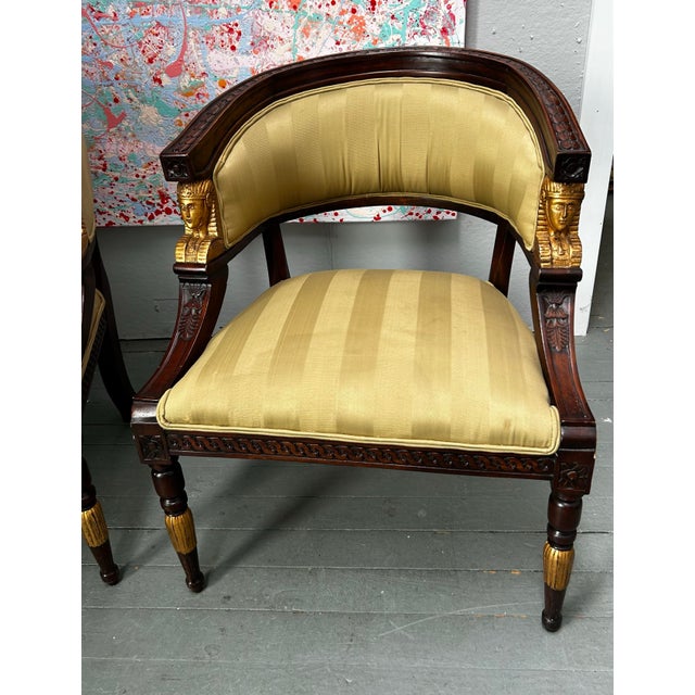 Antique Pair of Art Nouveau Egyptian Revival Carved Wood and Gilt Statement Chairs For Sale - Image 4 of 10