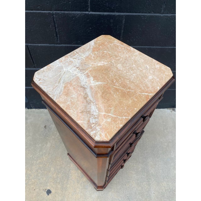 19th Century French Walnut Marquetry Nightstand With Marble Top and Original Casters For Sale In Los Angeles - Image 6 of 11