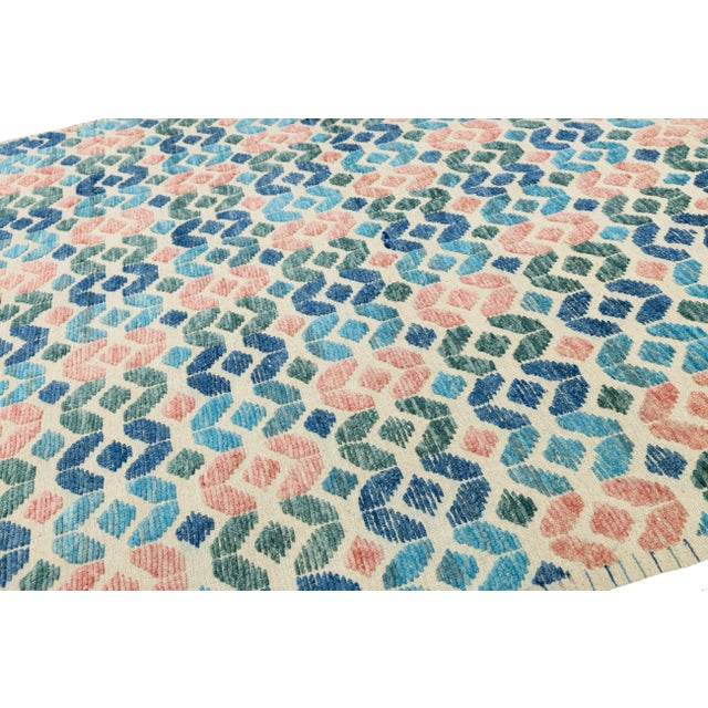 Textile Modern Geometric Tulu Style Hand-Knotted Wool Area Rug in Terracotta and Blue For Sale - Image 7 of 11