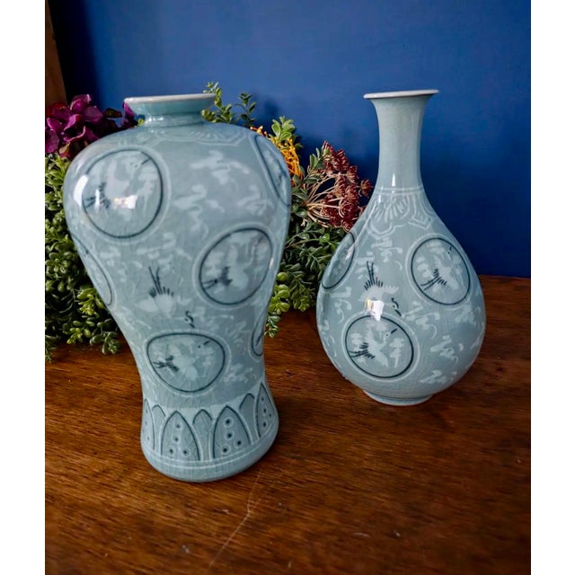 Traditional 1970’s Thousand Crane Celadon Vases Set of 2 For Sale - Image 3 of 18