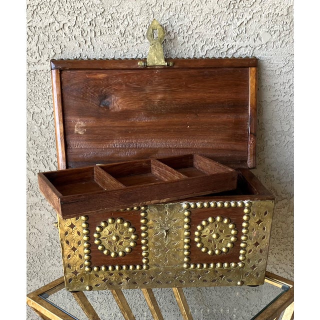 Mid 20th‑Century Spanish Colonial-Style Hand Hewn Walnut Wood & Brass Accent Box For Sale - Image 11 of 18