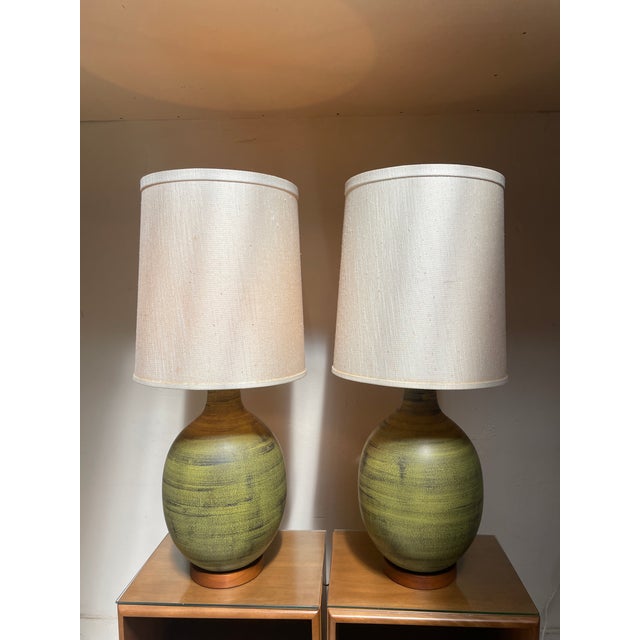 1960s 1960s Pair of Mid Century Modern Glazed Olive Green Table Lamps For Sale - Image 5 of 10
