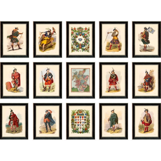 Scottish Highlander Grouping With Map and Crests Framed in Black Wood Veneer With Silver Edges - Set of 15 For Sale - Image 13 of 13