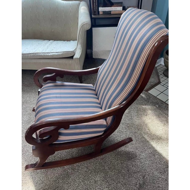 Vintage Mahogany Rocking Chair - Red White & Blue Stripe Upholstery For Sale - Image 4 of 4