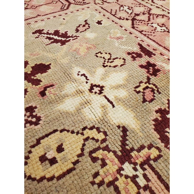 Textile Antique Oushak Carpet, Handmade Oriental Rug, Pale Green, Coral, Taupe and Cream For Sale - Image 7 of 12