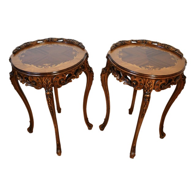 1910s Antique French Louis XV Walnut & Satinwood Inlay Pair of Side / End Tables For Sale