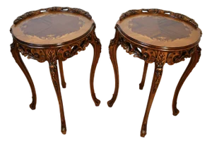 1910s Antique French Louis XV Walnut & Satinwood Inlay Pair of Side / End Tables