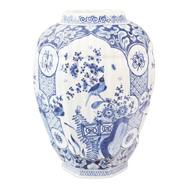 Antique Chinoiserie Dutch Delft Faience Bird Baluster Vase For Sale