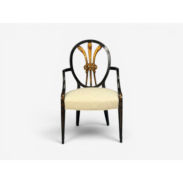 Black Neoclassical, Prince of Wales Armchairs, Ebonized Wood, Gilt, Silk, Usa, 19th C. For Sale - Image 8 of 18