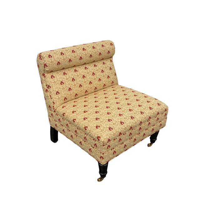 Late 20th Century Pair of Petite Traditional Floral Upholstered Slipper Chairs With Brass Casters & Pillows For Sale - Image 5 of 8