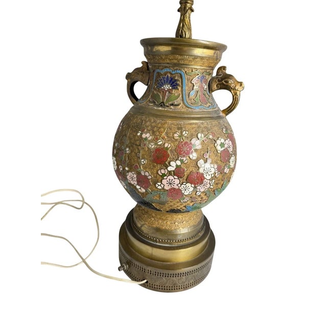1910s Japanese Champlevé Enameled Bronze Floral Urn Table Lamp For Sale - Image 4 of 13