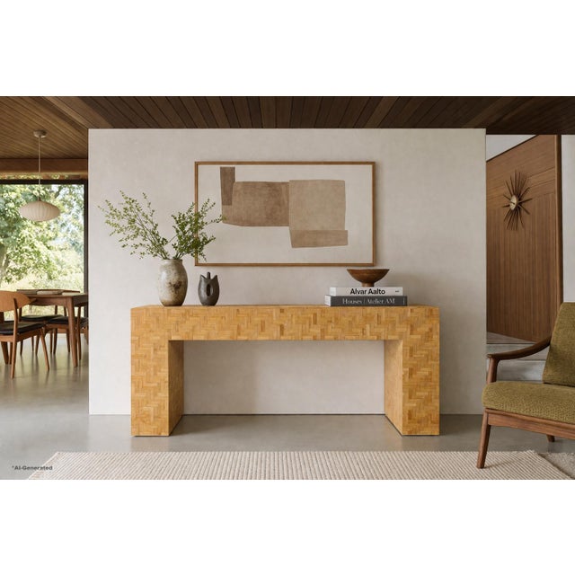 This striking vintage console table showcases a bold architectural presence, defined by its clean waterfall silhouette and...