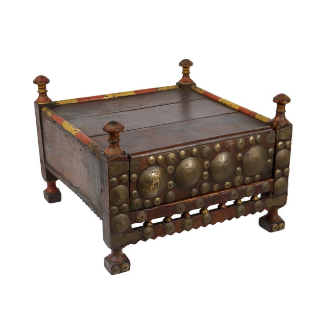 Vintage Wood Side Table with Brass Details, 1930s For Sale