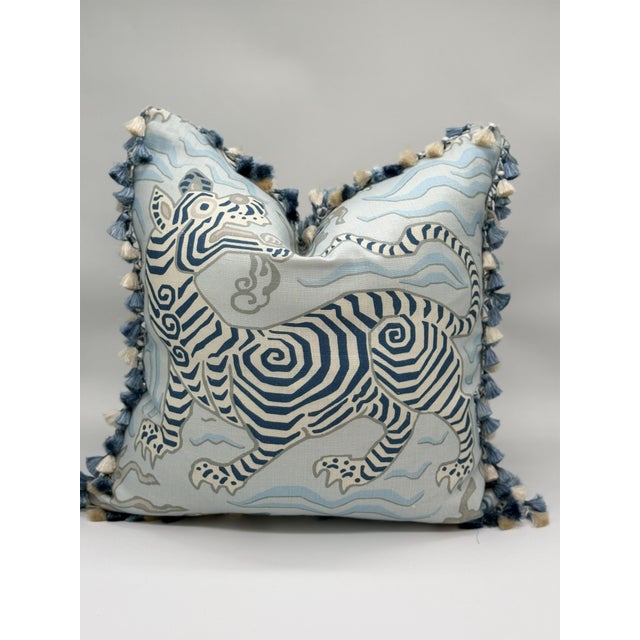 Chinese Clarence House Tibet Pillow Cover in Pale Blue With Tassel Trim For Sale - Image 3 of 5