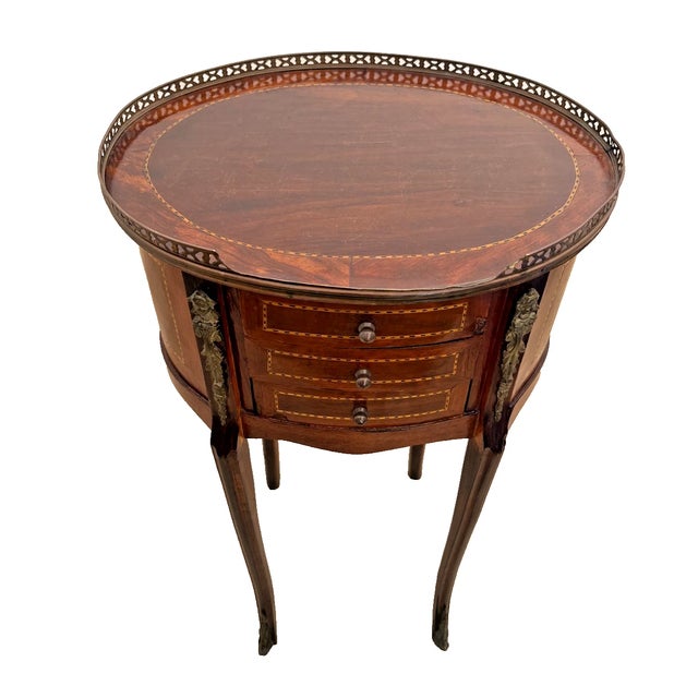 Gorgeous Antique Oval accent Table Nightstand Three Drawers, Inlays, Brass Accents French style. 28" Tall x 16" wide x 13"...