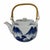 Vintage Japanese porcelain teapot, featuring a blue and white painted landscape design and a woven bamboo handle. Design:...