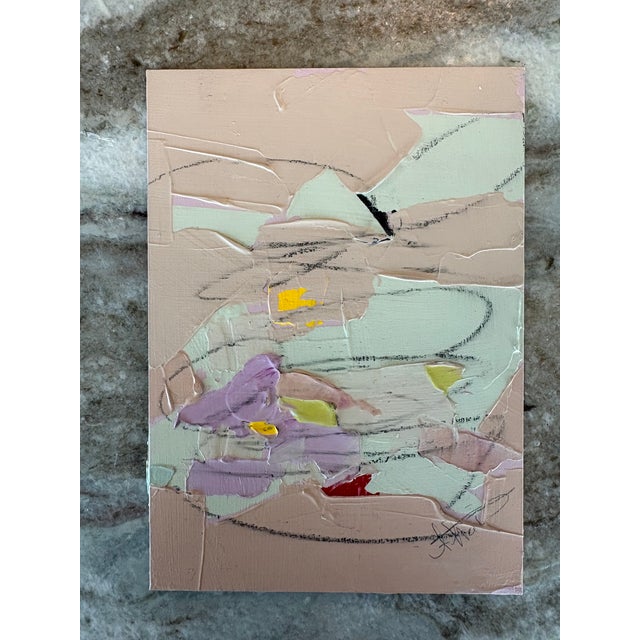 Mellow colors and a smaller size temper this whirling dervish of Spring in paint, graphite, and mixed media on gesso...