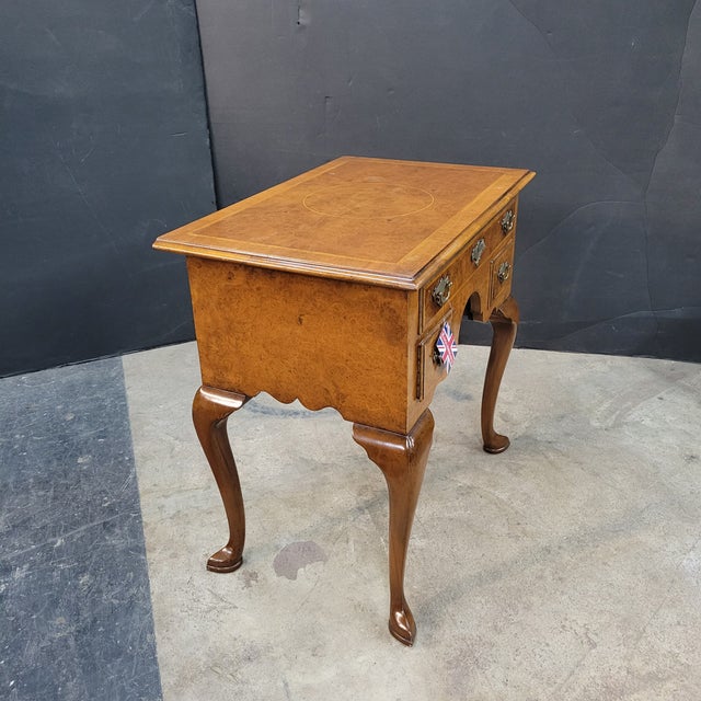 Late 20th Century English Burl Walnut Inlaid Cabriolet Leg 3 Drawer Lowboy For Sale - Image 9 of 10