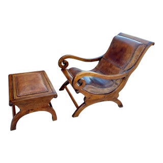 Vintage Leather Colonial Lounge Chair & Footstool For Sale