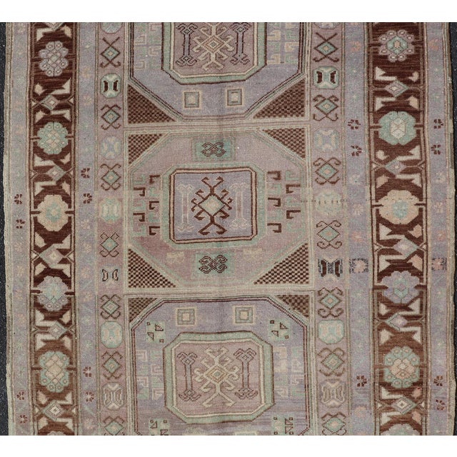 Lavender Vintage Turkish Oushak Rug With Tribal Geometric Medallions in Light Lavender For Sale - Image 8 of 16