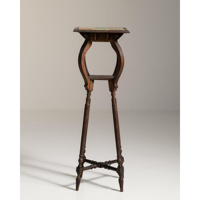 Wood 1910s French Chestnut Brown Art Nouveau Pedestal Table with Ceramic Tile Top For Sale - Image 7 of 15