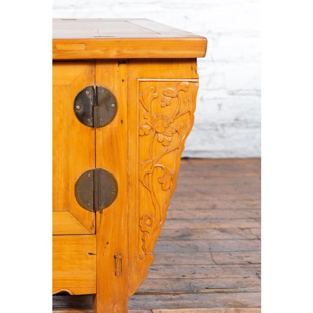 Early 20th Century Antique Chinese Elm Wood & Bronze Hardware Carved Spandrel Sideboard For Sale - Image 5 of 13