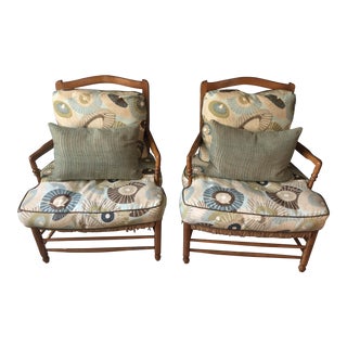 Vintage Oak Rush and Upholstered Club Chairs -A Pair For Sale