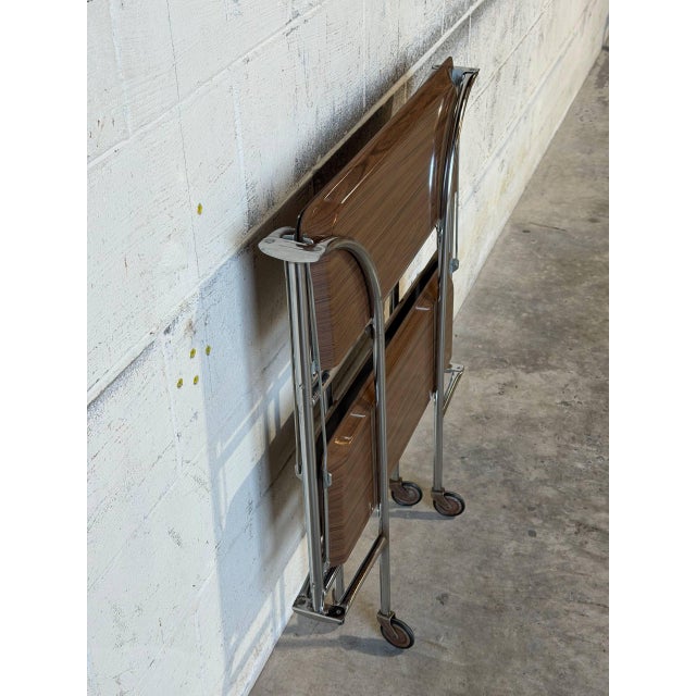 Chrome Chrome Folding Rolling Bar Cart With Wood Grain Trays Mid-Century Modern 1970s For Sale - Image 8 of 10