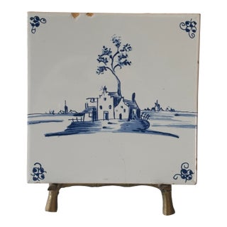 Vintage Blue and White Delftware Tile With Brass Faux Bamboo Easel Stand For Sale