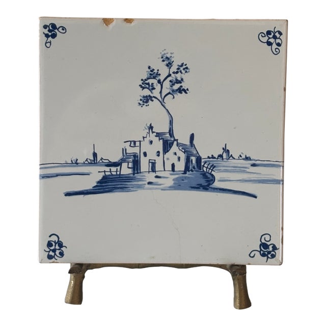Vintage Blue and White Delftware Tile With Brass Faux Bamboo Easel Stand For Sale