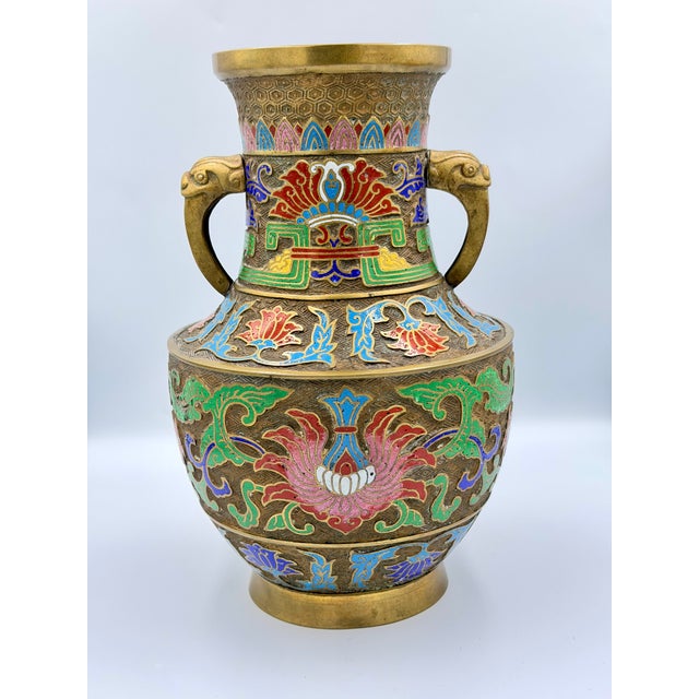Antique Japanese Bronze Champleve Enamel Cloisonne Temple Vessel Vase Urn For Sale In Palm Springs - Image 6 of 6