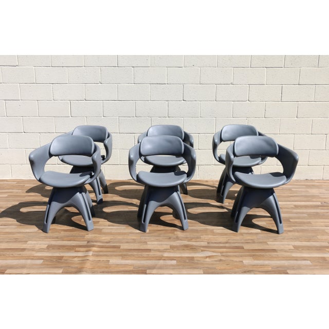 Spectacular set of six vintage Rotocast plastic swivel armchairs designed by John Gale, patented circa 1963. An iconic...