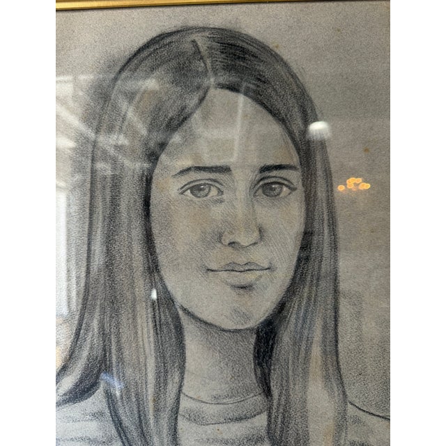 Wood 1980's French Drawing Portrait of a Young Girl, Framed For Sale - Image 7 of 9