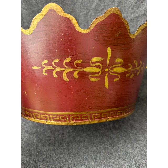 English Vintage Maroon Gold Hand Painted French Tole Cachepot For Sale - Image 3 of 13