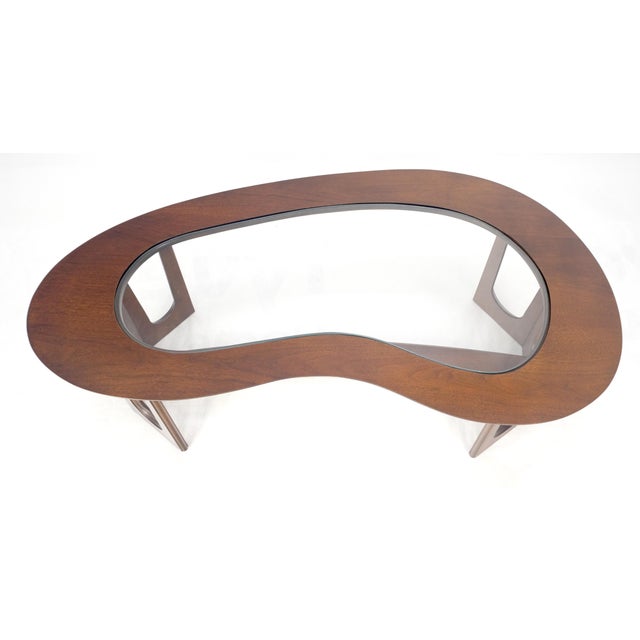 Oiled Walnut Boomerang Kidney Shape Glass Top Stretcher Base Coffee Table Mint! For Sale - Image 12 of 15