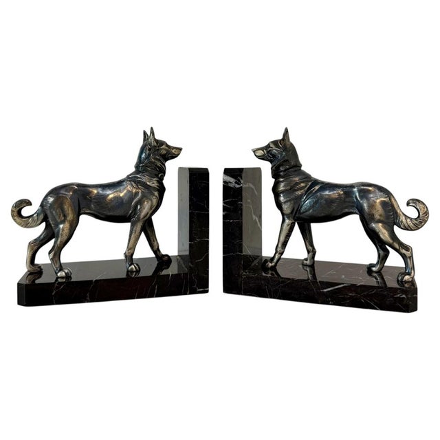 Art Deco French Bookends with Wolf Dogs in Silver Patinated Metal, 1930s, Set of 2 For Sale - Image 9 of 9