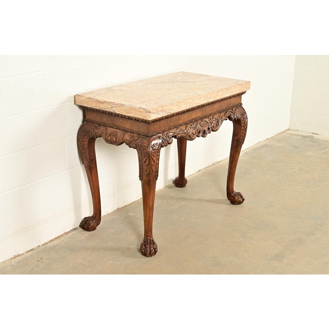Baker Furniture Company Baker Furniture Chippendale Carved Walnut Marble Top Console Table With Paw Feet For Sale - Image 4 of 12
