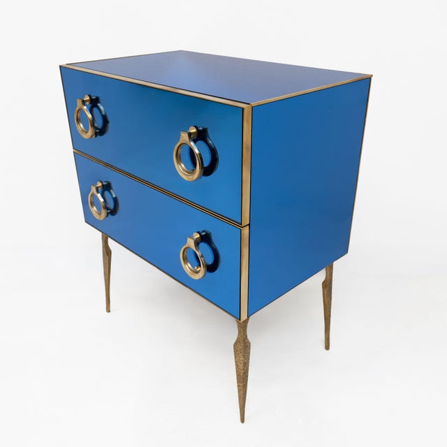 Metal Mid-Century Modern Style Blue Mirrored Chest of Drawers with Brass Details, 2000 For Sale - Image 7 of 7