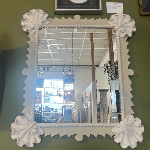 1990s Vintage Painted Carved Wood Wall Mirror With Shell Motif For Sale - Image 5 of 7