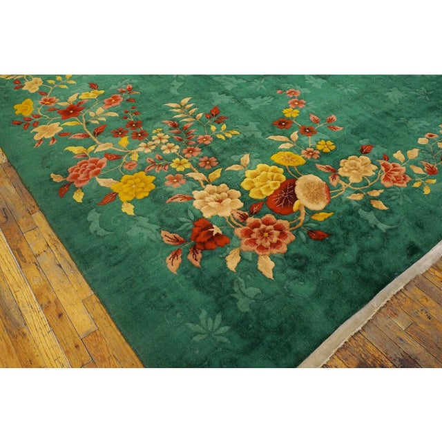 Surprising Green Background Color With Lovely Roses in a Floral Design Antique Chinese Art Deco Rug For Sale - Image 4 of 8