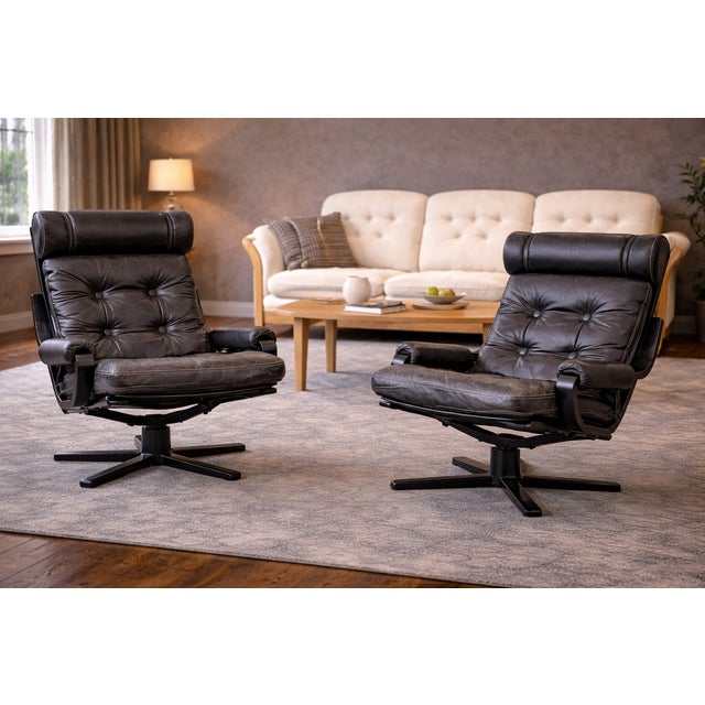 Mid-Century Modern Black Leather, Metal and Wood Spinning Armchairs, 1980s, Set of 2, in Good conditions. Designed 1980 to...