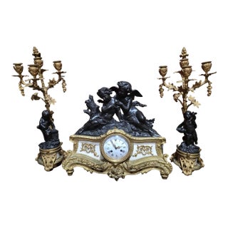 Antique French Denière Bronze & Marble Clock Garniture Set - Cherubs, 3-Piece, 19th Century For Sale