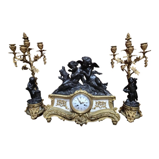 Antique French Denière Bronze & Marble Clock Garniture Set - Cherubs, 3-Piece, 19th Century For Sale