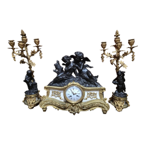Antique French Denière Bronze & Marble Clock Garniture Set - Cherubs, 3-Piece, 19th Century