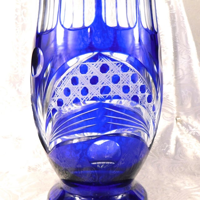 Traditional 1940s Large Blue Cut to Clear Vase For Sale - Image 3 of 6