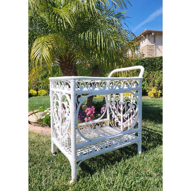 Mid Century Fiddlehead White Rattan Bar Cart For Sale - Image 10 of 10