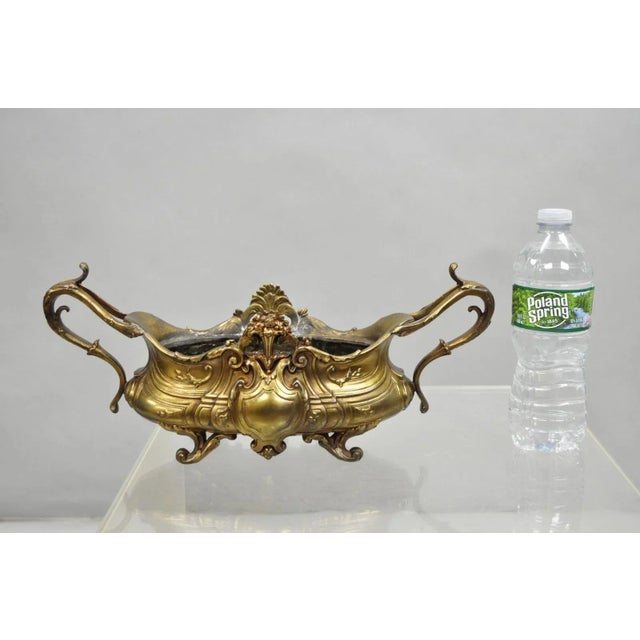 Antique French Rococo Louis XV Style Twin Handle Gold Spelter Metal Art Nouveau Planter Jardiniere Centerpiece. Circa...
