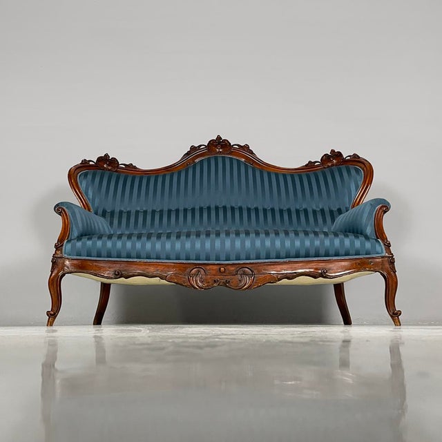Italian Louis XVI Style Wood and Blue Striped Fabric Sofa, 1930s For Sale - Image 6 of 11