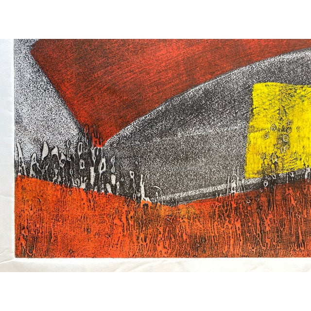 Abstract etching with aquatint in red, yellow, orange, and grey. Artist unknown.